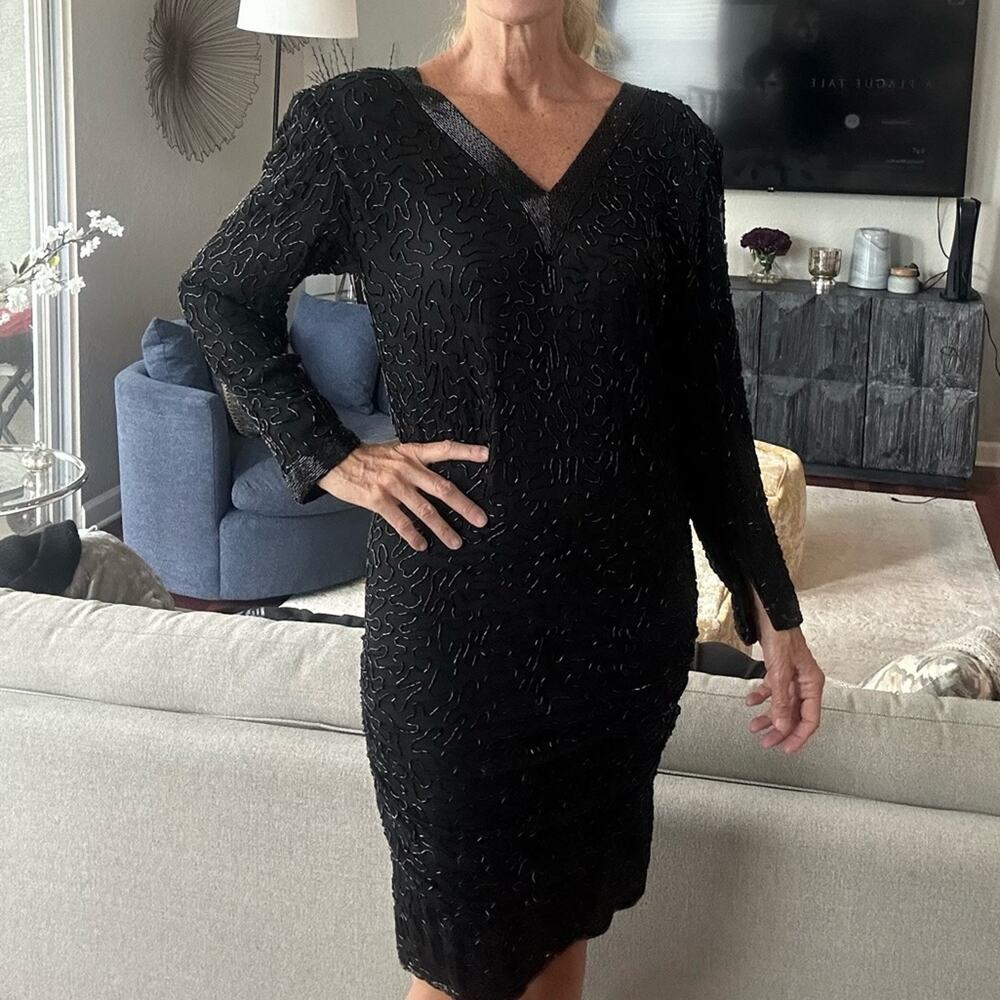 Vintage 80s Dress 100% Silk Black Beaded Judith Ann Creations Glam Dynasty Retro